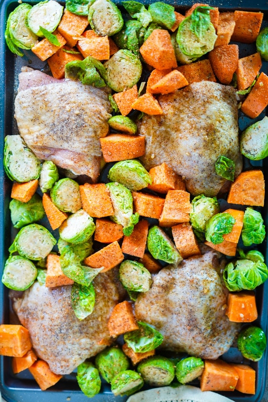 one pan chicken and Brussels sprouts