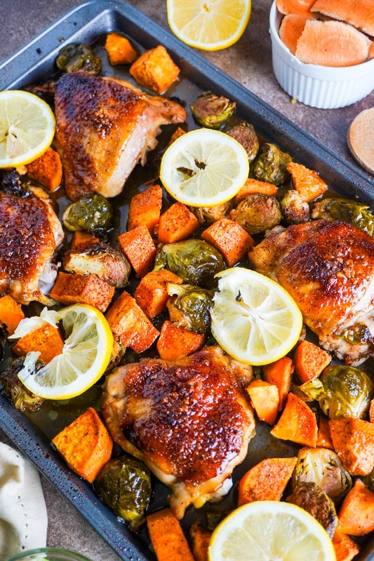 One pan chicken thighs and Brussel sprouts